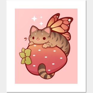 Tabby fairy cat with strawberry Posters and Art